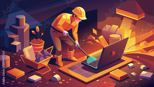 Worker cleaning a laptop with a shovel