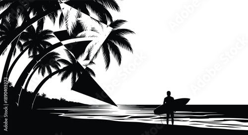 Silhouette of a man on a tropical beach with palm trees and sunset