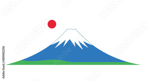 Minimalist vector illustration of an iconic snow-capped volcanic mountain with a radiant red sun above, symbolizing natural beauty and serene landscapes in a graphic style
