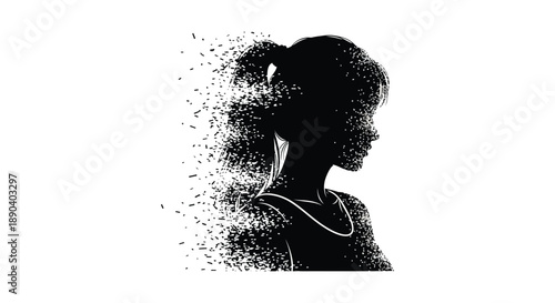 A striking black silhouette of a woman s profile with dissolving particles creating a modern art piece silhouette high quality professional detailed