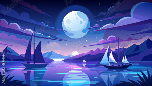 Sailboats under the moonlight landscape art