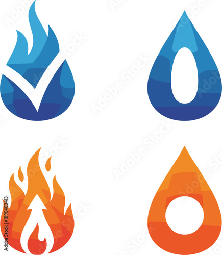 Fire and water drop icons with check and alert symbols representing safety energy balance flat vector illustration modern design