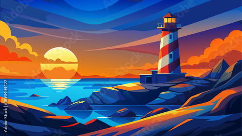 Lighthouse at sunset on rocky coast view