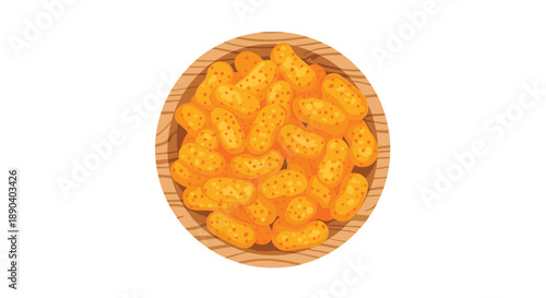 Crispy orange cheese puffs in a rustic wooden bowl. Top view of salty snack food isolated on white background.
