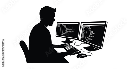 A man sits at a desk with dual monitors focused on complex data visualizations presented as a silhouette high quality professional