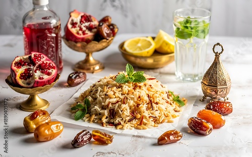 Vibrant middle eastern cuisine with pomegranate and lemon garnish