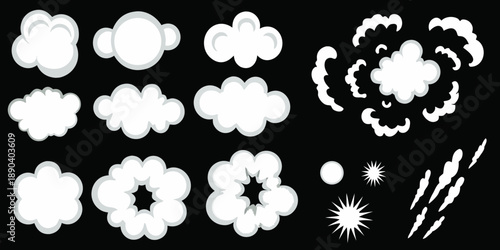 Collection of stylized white cloud and smoke puff illustrations on black