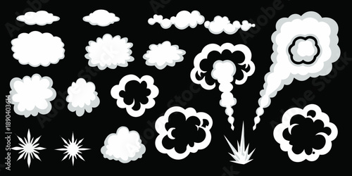 Collection of white cloud and smoke bursts on a black background