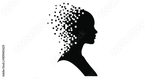 A striking profile of a woman s head dissolving into digital particles creating a fragmented and modern silhouette high quality professional detailed