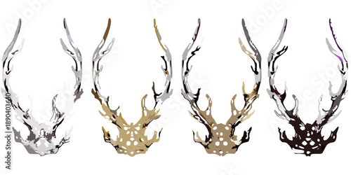 Four sets of stylized antlers against a stark black background