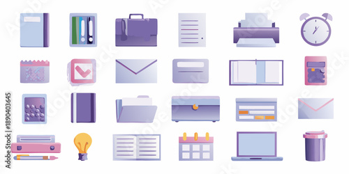 Collection of office supplies and equipment icons in a flat design style