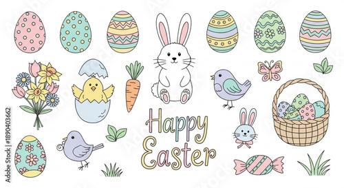 Colorful easter icons with bunny eggs and candy on white background