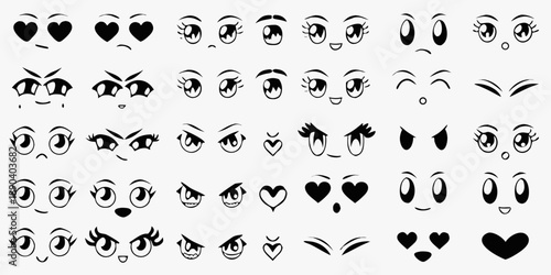 Collection of black and white cartoon eyes and mouth expressions