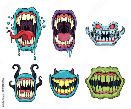 Cartoon monster mouths with sharp teeth collection