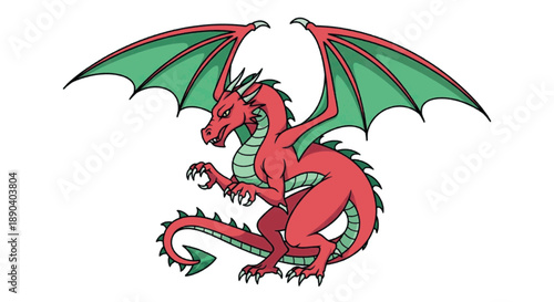 Illustration of a fearsome red dragon with emerald green wings and sharp claws, a mythical creature from fantasy lore