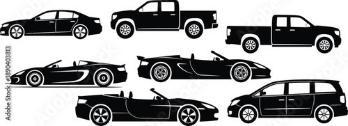 Vehicle silhouettes, car types, sedan icon, pickup truck, minivan shape, convertible sports car, black vector, transport design, automotive profile, side view