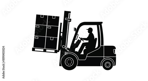 A black silhouette depicts a forklift carrying stacked boxes showcasing industrial logistics and warehouse operations silhouette high quality professional detailed modern
