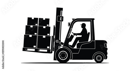 A black silhouette of a forklift carrying stacked boxes on a pallet showcasing industrial logistics and transport silhouette high quality professional