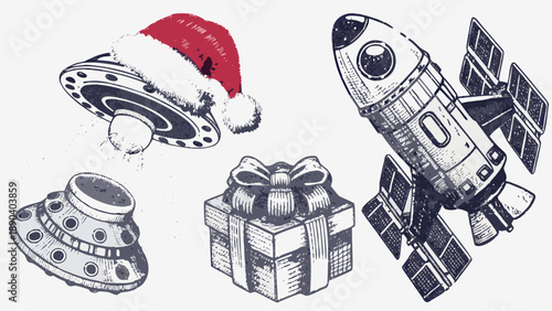 A festive rocket ship illustration with christmas hat and gift box