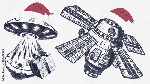 A festive illustration of a spaceship and satellite wearing santa hats