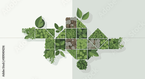 Modular vertical garden with various plant species. Green wall concept for sustainable architecture and decor.