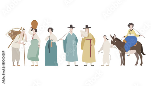 Traditional Josun people wearing colorful Korean costumes and riding a donkey