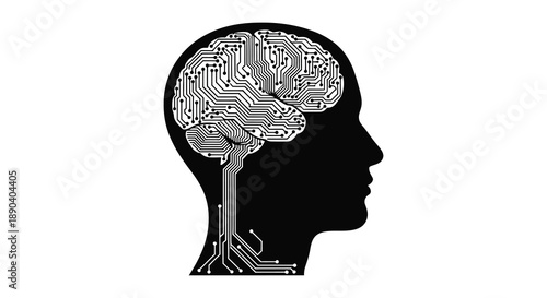 A human head profile filled with circuit board patterns representing artificial intelligence and cognitive technology silhouette high quality professional detailed modern