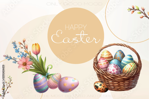 Easter nest with eggs and spring twigs, gentle vintage composition.