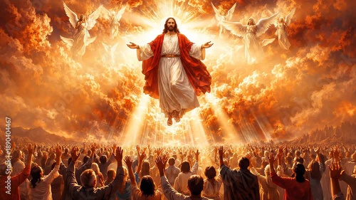 Jesus Christ appears in golden cloud of light surrounded by angels as a vast crowd on earth worships, raises hands and witnesses the glorious second coming and salvation
