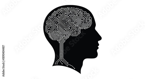 A human head profile filled with circuit board patterns representing artificial intelligence and technology silhouette high quality professional detailed modern elegant