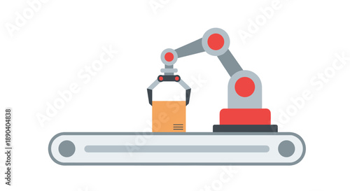 Industrial robot arm on a factory conveyor belt. Automated warehouse lifting a cardboard box on white background.