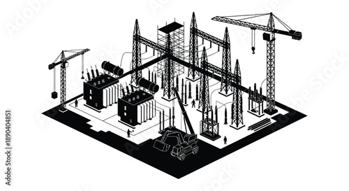 An isometric view of a construction site with cranes scaffolding and machinery depicted in black silhouette high quality professional detailed modern