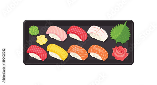 Delicious sushi set on a black tray. Assorted nigiri with wasabi, ginger, and garnishes on white background.