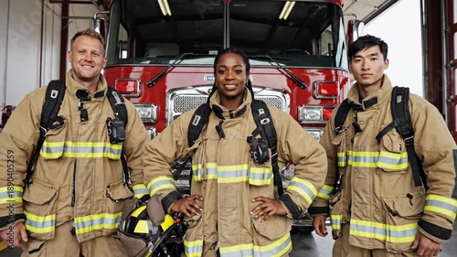 Three smiling diverse firefighters stand in uniform in front of a red fire truck at the fire station