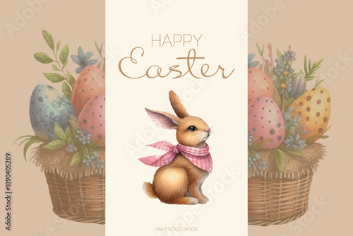 Vintage-style card with Easter eggs and soft floral decorations.
