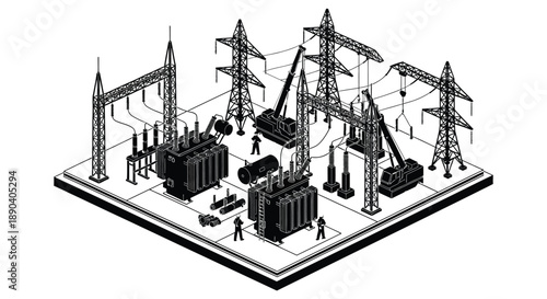An isometric illustration depicts a power plant infrastructure with electrical towers transformers and construction workers silhouette high quality professional detailed modern