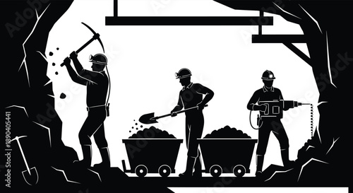 A stark depiction of miners working underground utilizing pickaxes shovels and drills presented as a dramatic silhouette high quality professional detailed