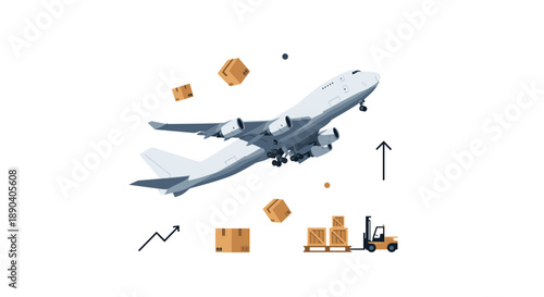 Air freight logistics concept. Cargo plane taking off with shipping boxes and forklift on white background.