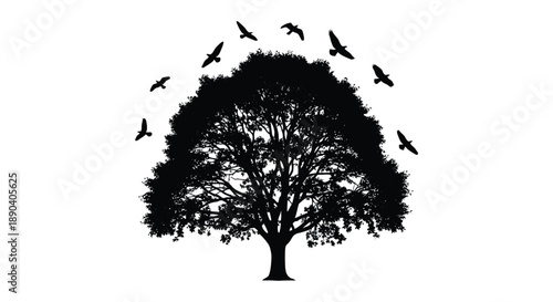 A striking black silhouette of a full tree with birds in flight against a white background creating a minimalist scene