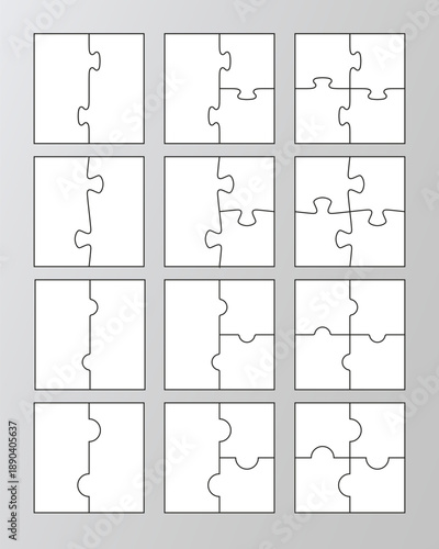 Jigsaw grids cutting template. Puzzle pieces set. Scheme for thinking game. Simple mosaic background with separate details. Frame tiles. Vector illustration.