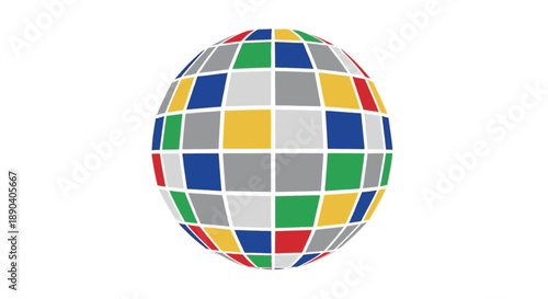 Abstract sphere composed of colorful squares, creating a vibrant geometric mosaic with a sense of global connectivity and dynamic design