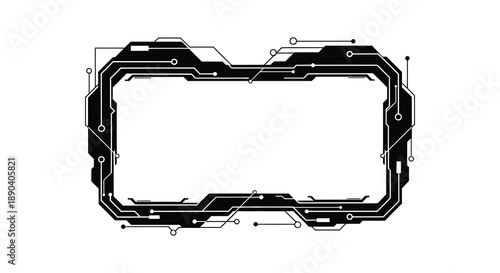 A futuristic black frame design with intricate circuit patterns creates a stark contrast against the white background silhouette high quality professional