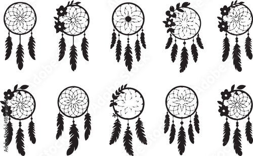 Black Silhouette Icons of Dreamcatchers with Feathers and Floral Embellishments flower