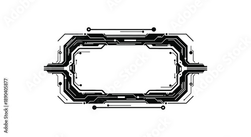 A futuristic geometric frame design in black and white featuring a central void and technological details silhouette high quality professional