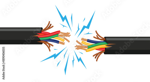 Broken electrical cable with exposed wires and blue sparks. Danger of short circuit and electrical hazard.