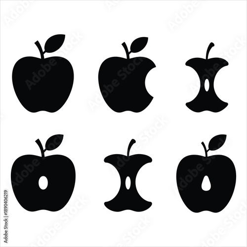 Six black silhouette icons illustrating whole apples with leaves and partially eaten apple cores