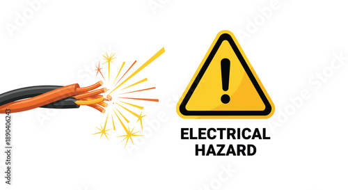 Frayed electrical wire with sparks near a hazard sign. Warning of dangerous electricity and safety risk.