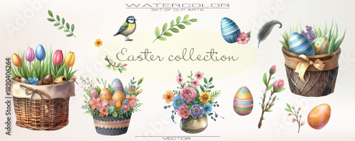 A bright and charming Easter set featuring cute rabbits, floral elements, and colorful decorated eggs — perfect for holiday cards, invitations, and spring designs.