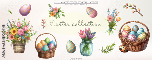 Beautiful watercolor set featuring birds, colorful Easter eggs, and vibrant flowers — great for invitations, decor, and craft projects.