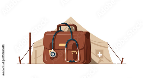 Doctor's medical bag and stethoscope in front of a field hospital tent. Humanitarian aid and healthcare.